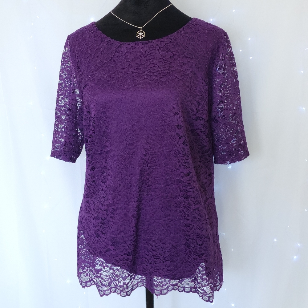 W Brand Purple Women's Blouse Size 16/EU 44 Short Sleeve Colorful Frilly